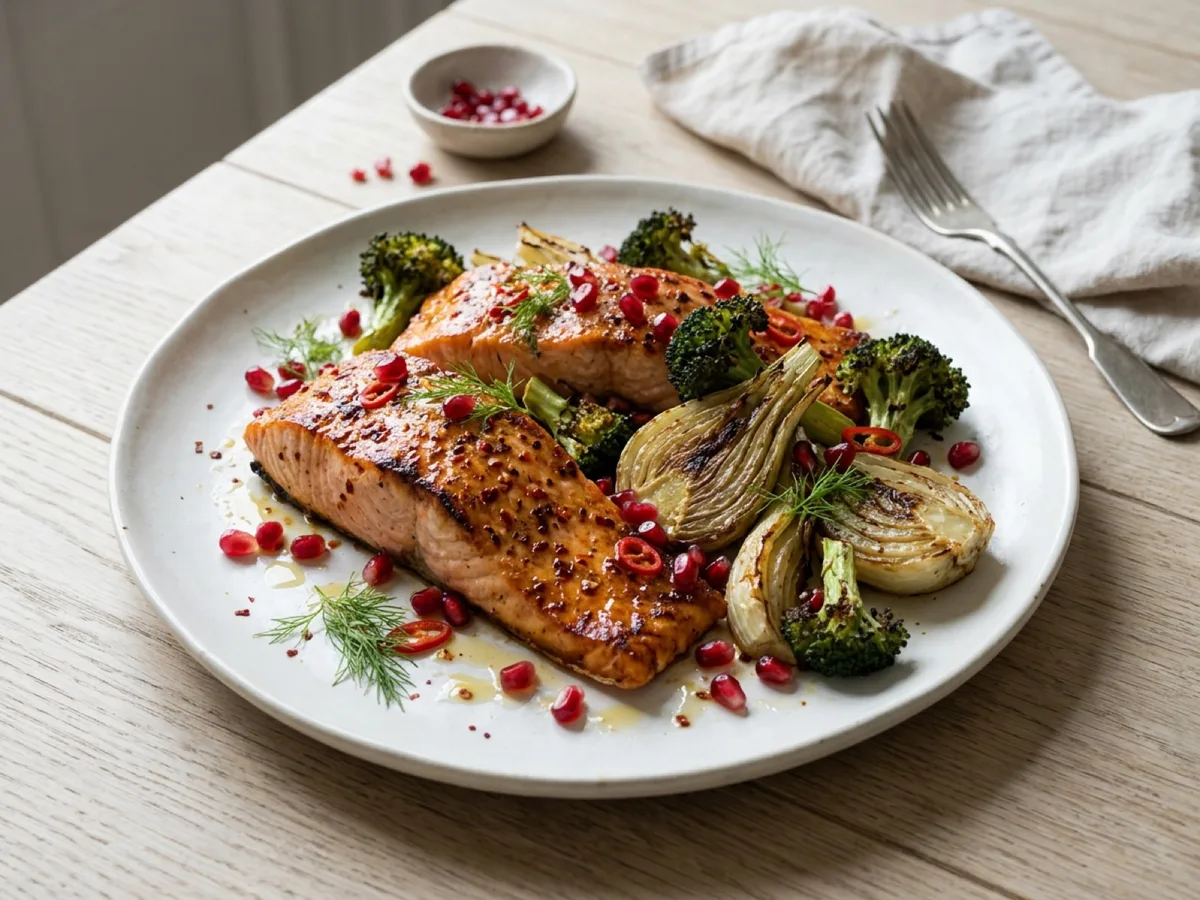 Chili Salmon with Roasted Fennel, Broccoli and Pomegranate Salad — recipe photo