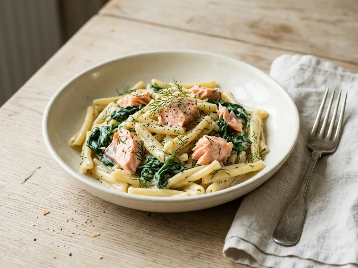 Creamy Salmon Pasta with Spinach, Dill and Dijon — recipe photo