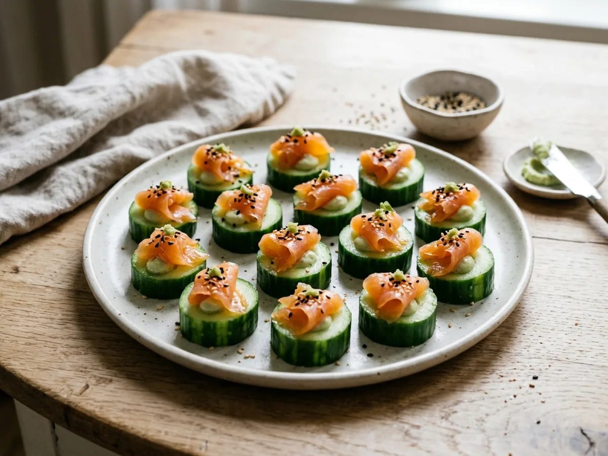 Gurksnittar med kallrökt lax, wasabi och sesamfrön — receptbild