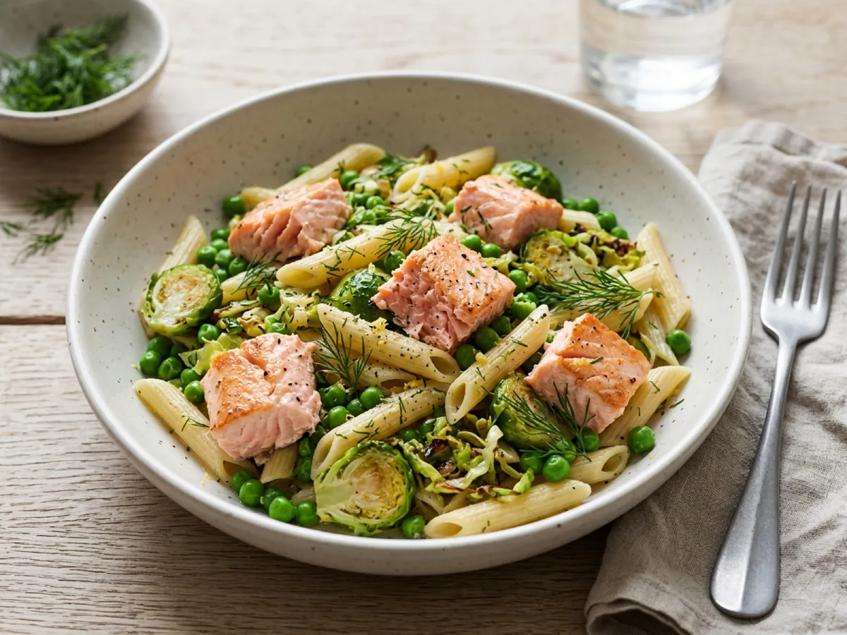 Laxpasta med dill, ärtor och brysselkål — receptbild