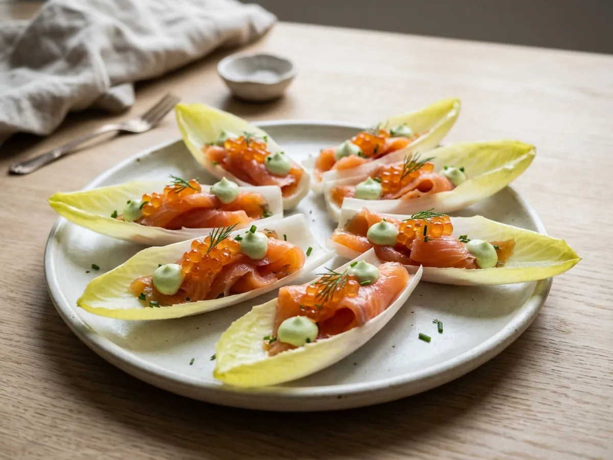 Endive with Salmon, Wasabi Cream and Trout Roe — recipe photo