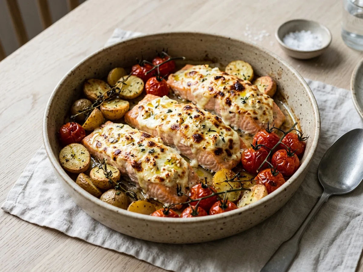 Goat Cheese-Gratinated Salmon with Roasted Tomatoes and Potatoes — recipe photo