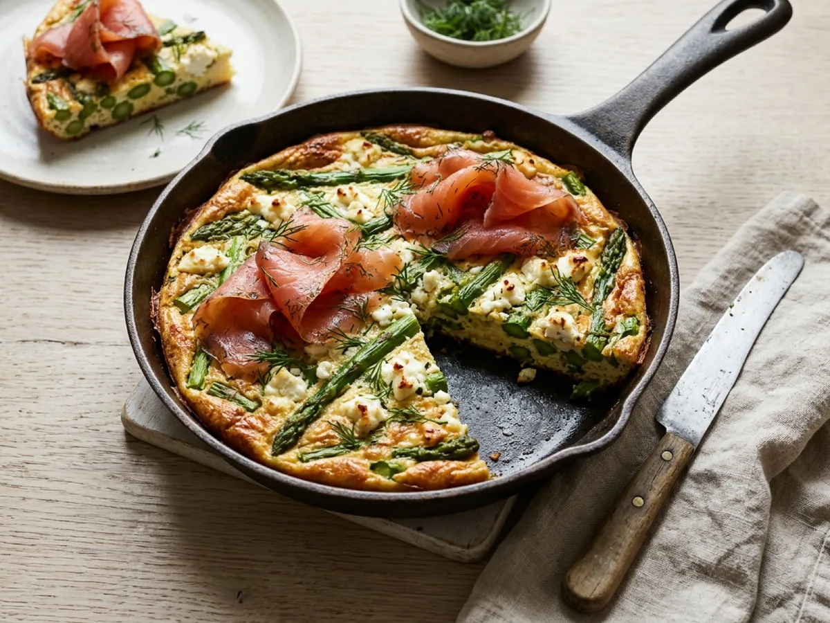 Frittata med gravad lax, sparris och fetaost — receptbild