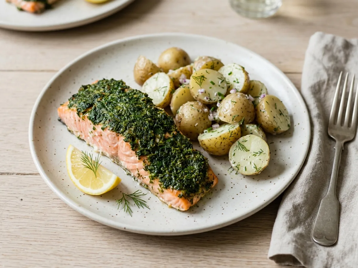 Herb-Pesto Baked Salmon with Potato Salad — recipe photo