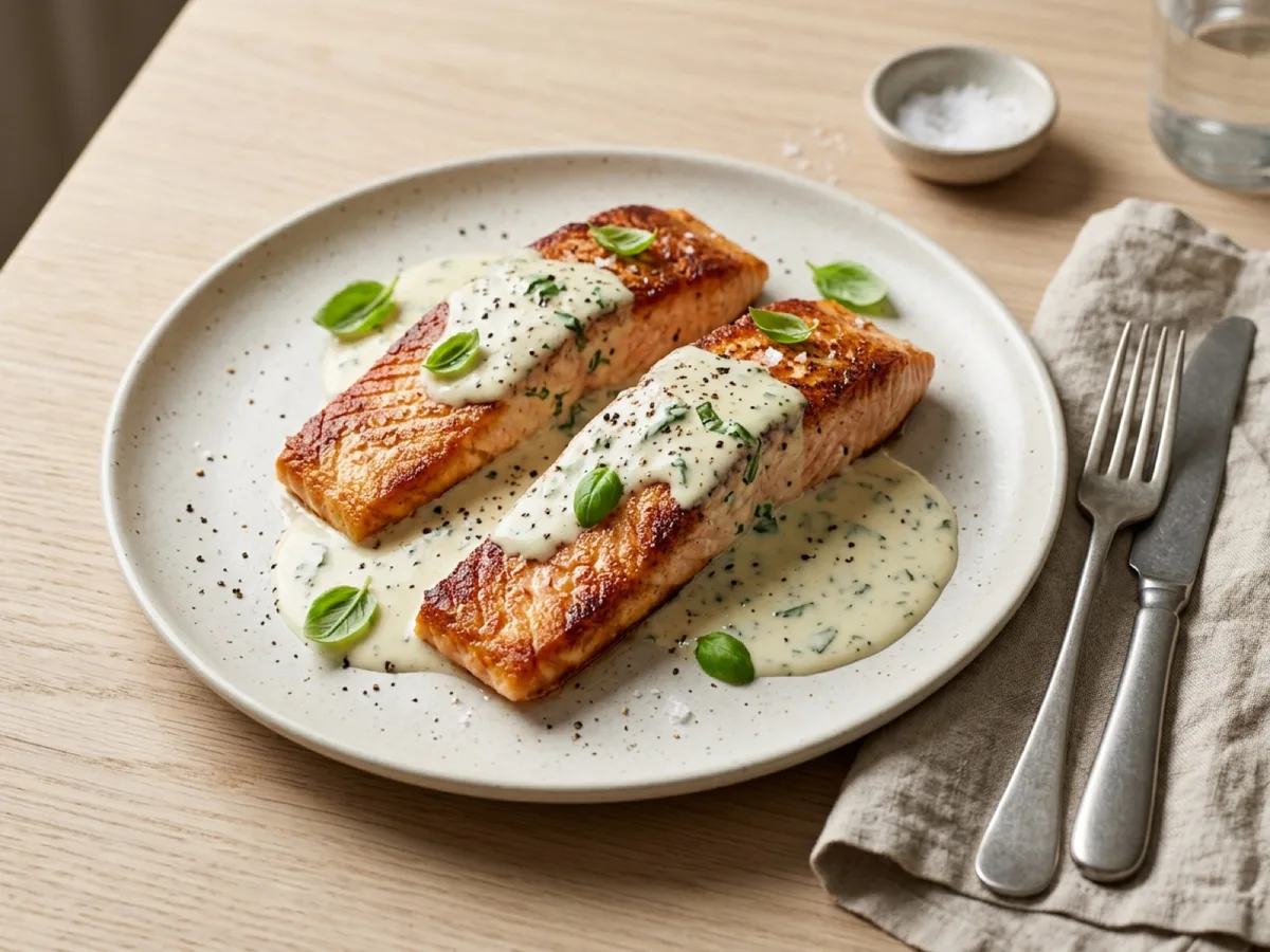 Pan-Fried Salmon with Basil Cream — recipe photo