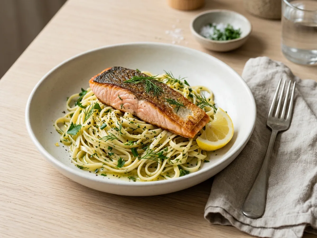 Pan-Fried Salmon with Herb Pasta — recipe photo