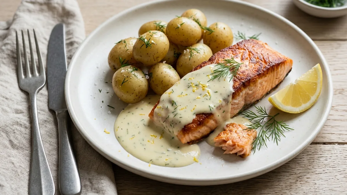 Pan-Fried Salmon with Lemon Cream Sauce and Potatoes