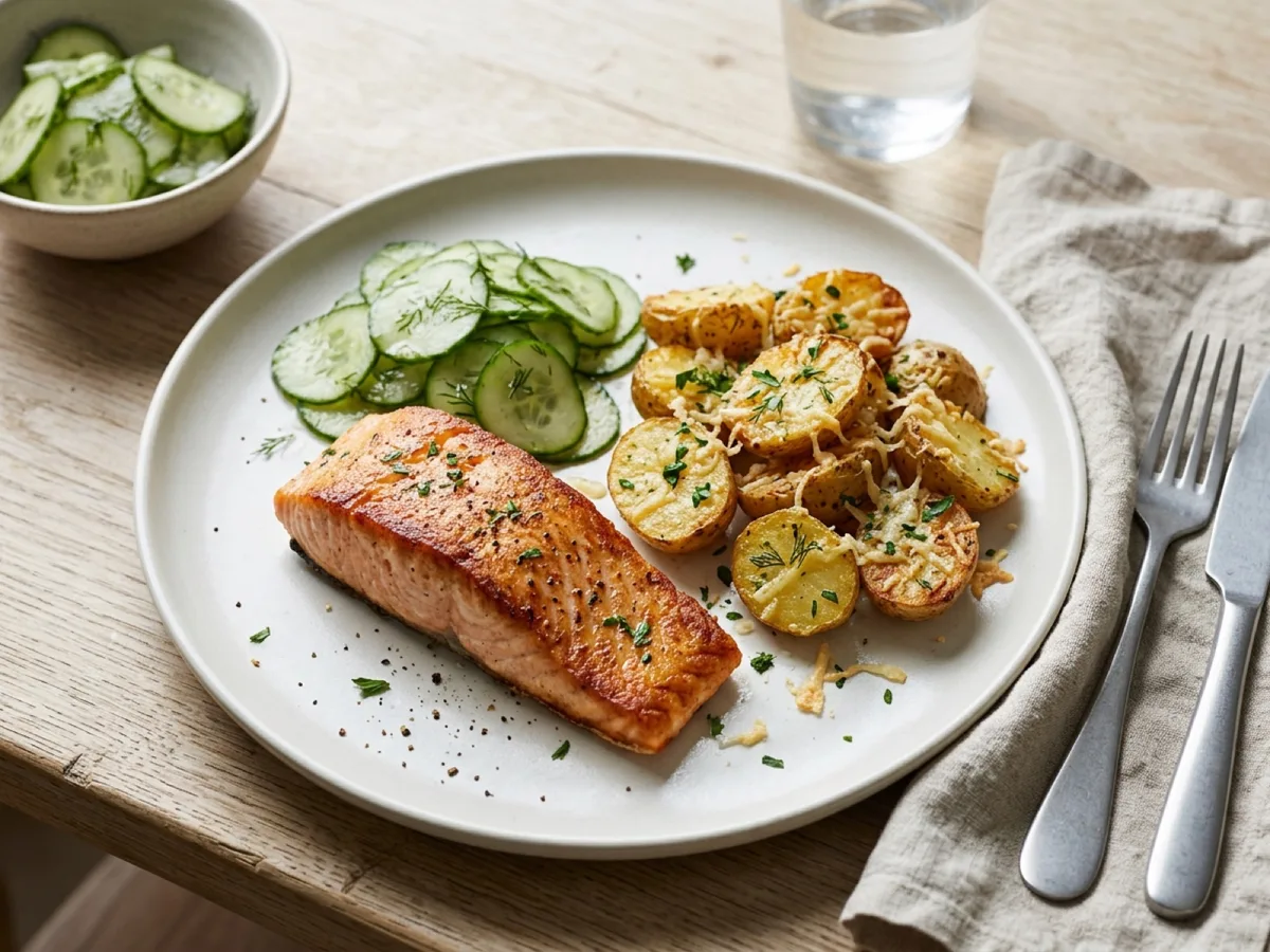Pan-Fried Salmon with Parmesan Potatoes and Cucumber Salad — recipe photo