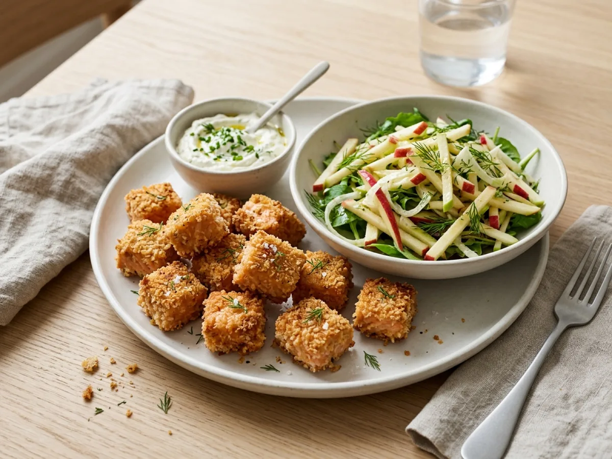 Pankopanerade laxbollar med äppelsallad och getostdipp — receptbild