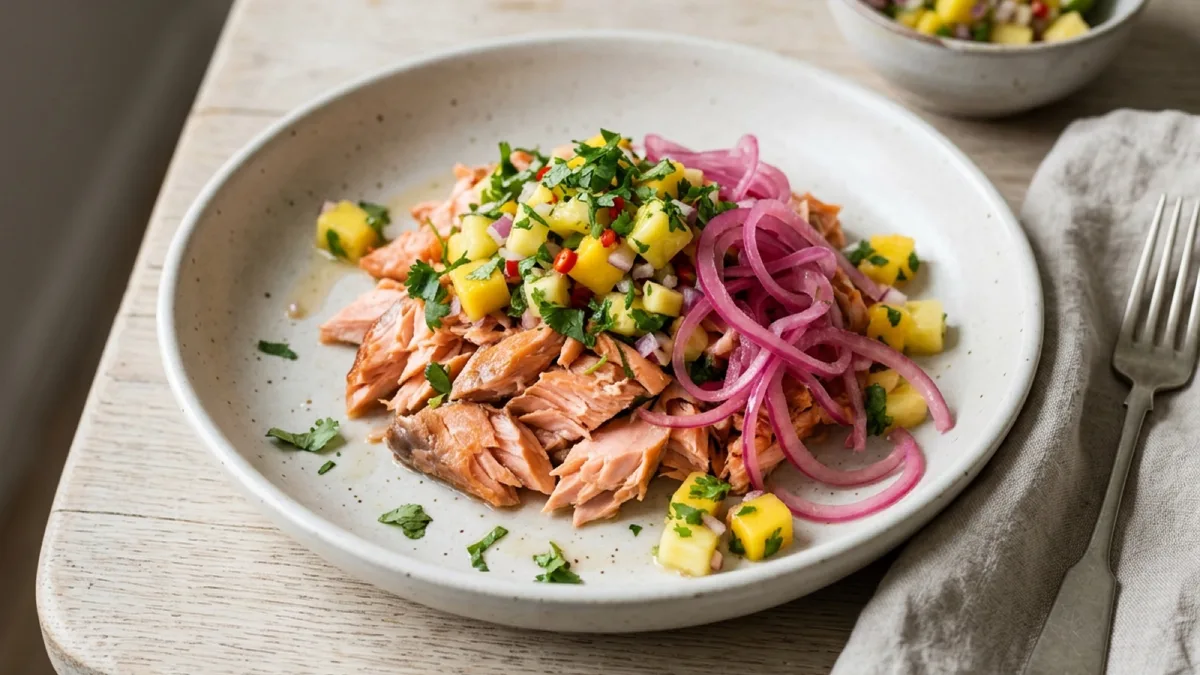 Pulled Salmon with Pickled Red Onion and Tropical Salsa