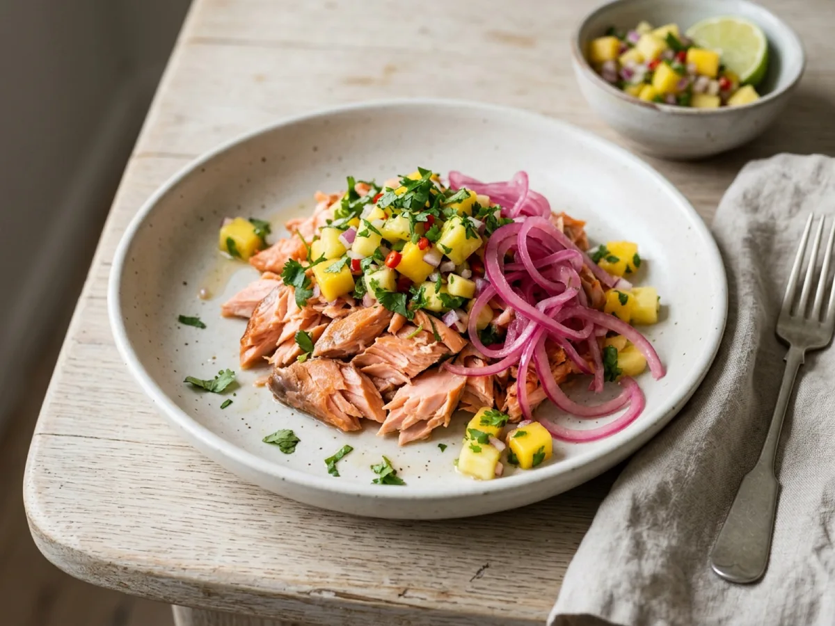 Pulled lax med picklad rödlök och tropisk salsa — receptbild