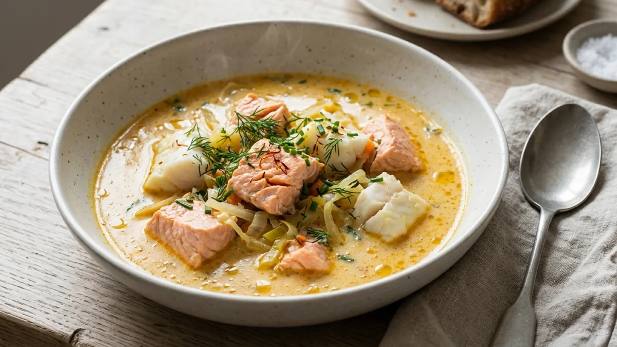 Creamy Saffron Fish Soup with Salmon and Cod