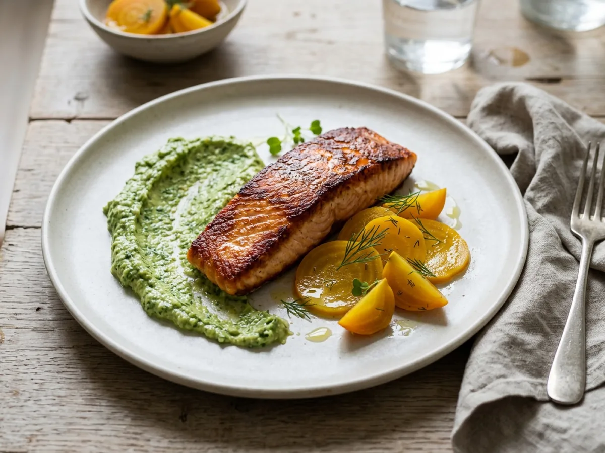 Stekt lax med avokadopesto och limepicklade gulbetor — receptbild