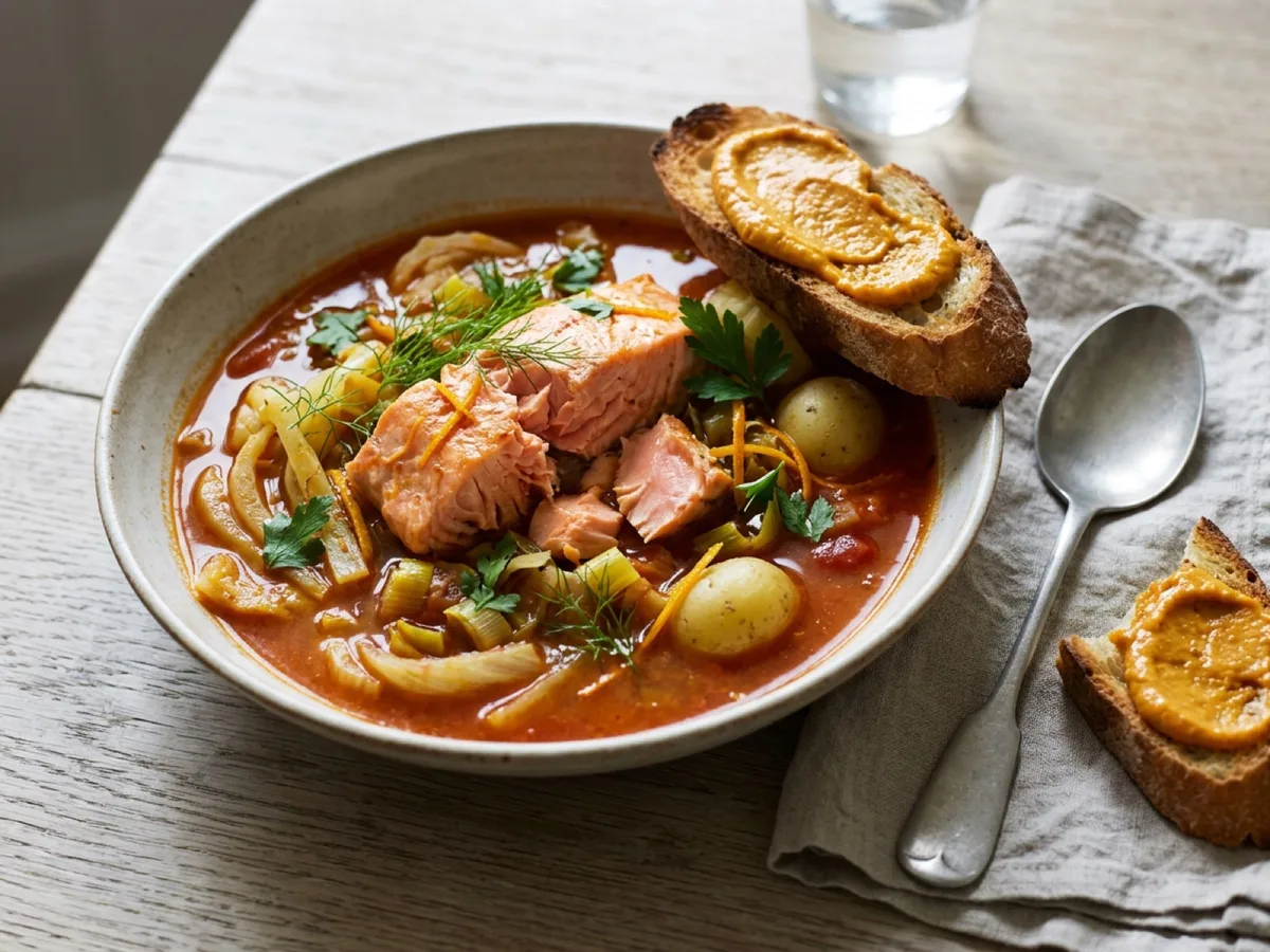 Provençal Salmon Bouillabaisse with Orange and Rouille — recipe photo