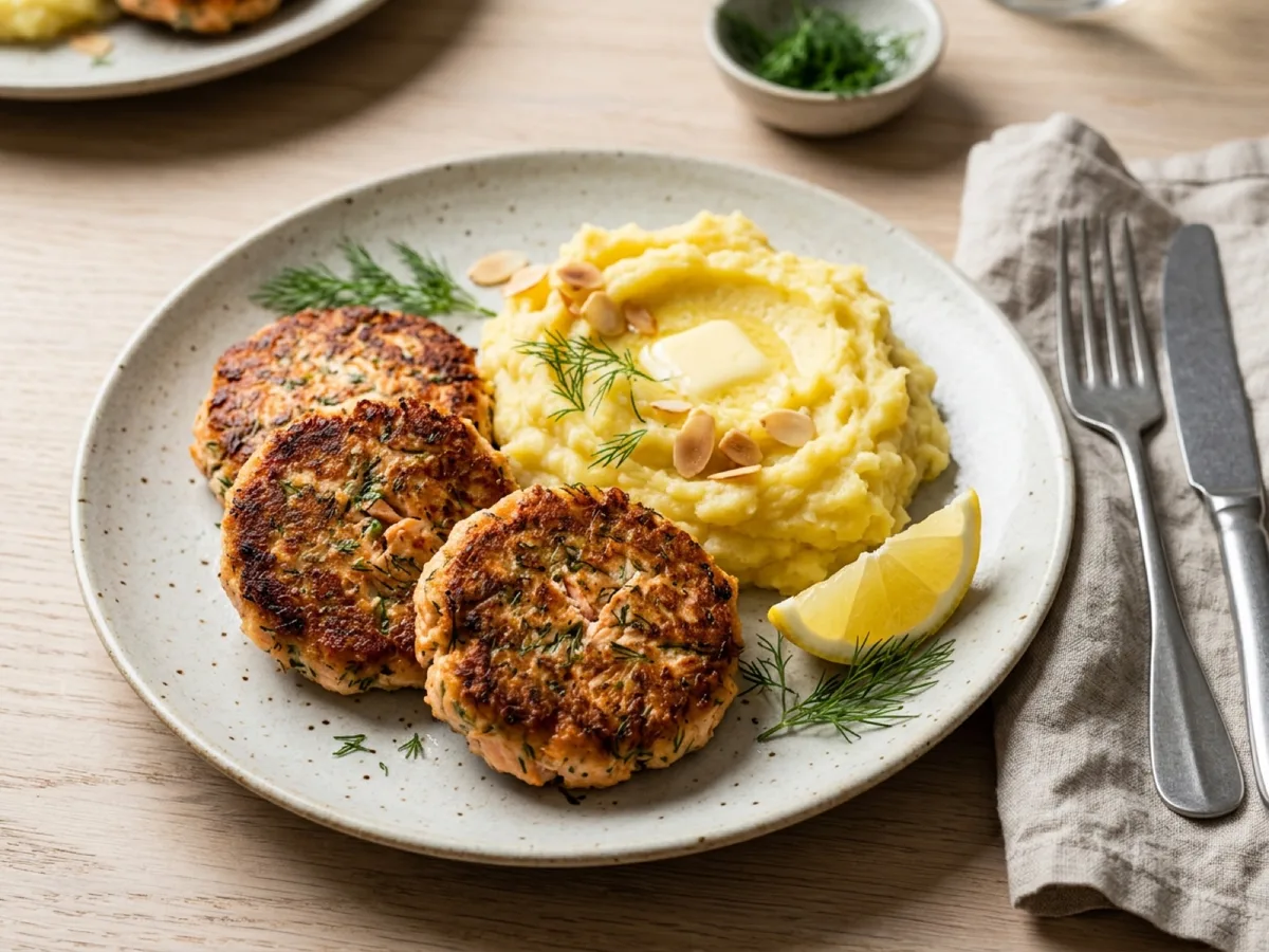 Dill Salmon Cakes with Almond Potato Mash — recipe photo