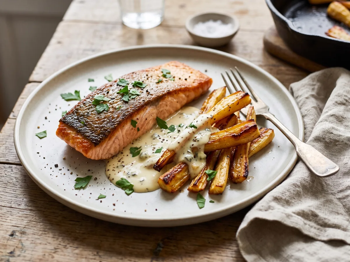 Lax med rostad palsternacka och ädelostsås — recipe photo