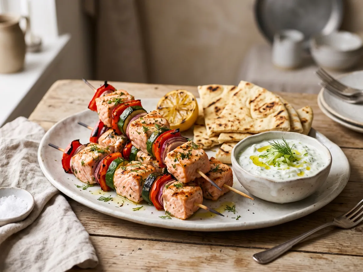 Salmon Skewers with Vegetables, Pita and Tzatziki — recipe photo