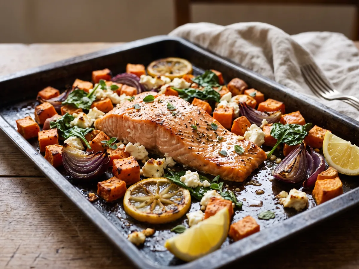 Salmon and Sweet Potato Tray Bake with Feta — recipe photo