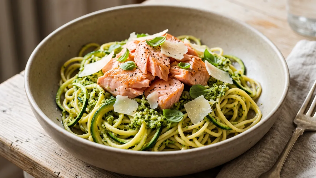Salmon with Zucchini Pasta and Broccoli Pesto
