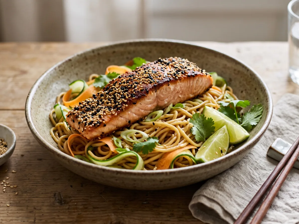 Sesamstekt lax med varm nudelsallad, lime och koriander — recipe photo