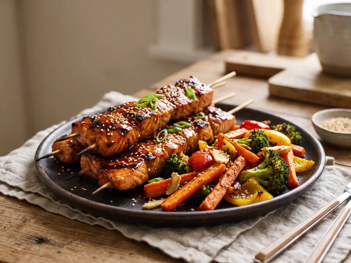Soy-Marinated Salmon Skewers with Ginger-Roasted Vegetables — recipe photo