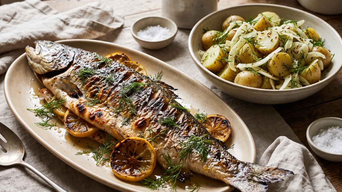 Whole Grilled Salmon with Cumin, Fennel and Dill Potato Salad