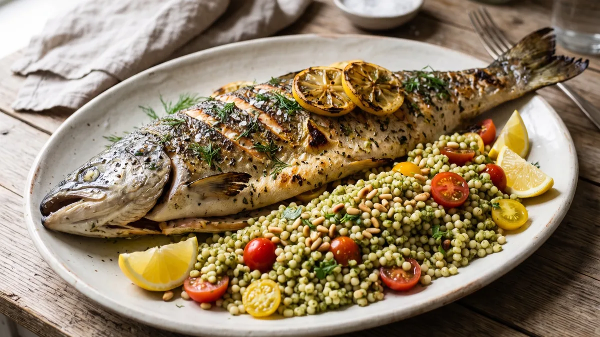 Whole Grilled Salmon with Pesto Pearl Couscous
