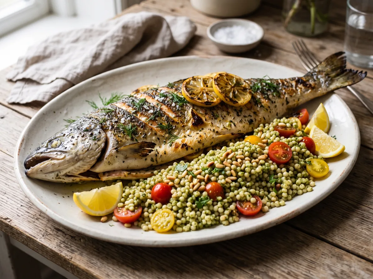 Whole Grilled Salmon with Pesto Pearl Couscous — recipe photo